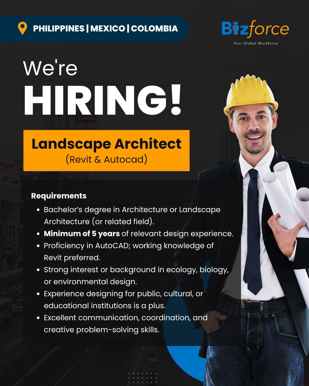 Bizforce We're Hiring post for a Landscape Architect, Revit and AutoCAD, with a requirements list and a photo of an architect in a hard hat