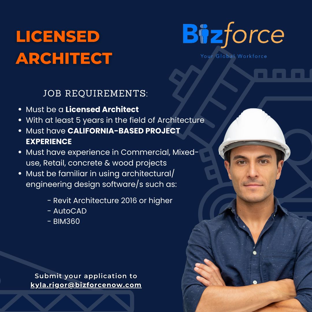 Bizforce post for a Licensed Architect with California project experience, listing job requirements and software, with a photo of an architect in a white hard hat
