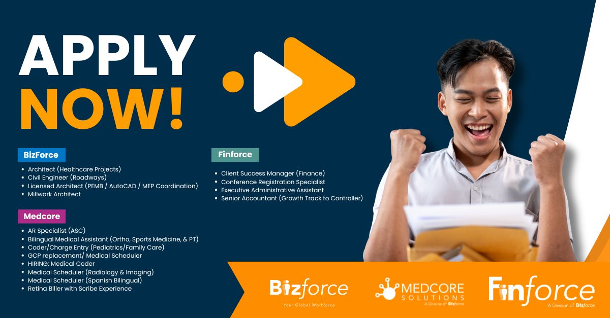 Apply Now post listing open roles under Bizforce, Medcore and Finforce, with all three logos on an orange footer