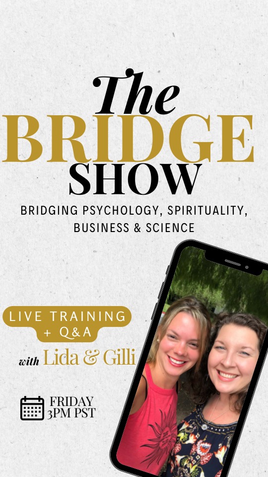 Cover frame: The Bridge Show, live training and Q&A with Lida & Gilli, Fridays 3pm PST, with a phone mockup photo