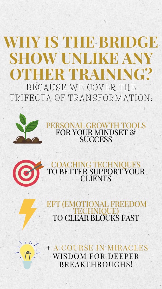 Frame 5: the trifecta of transformation, with icons for personal growth tools, coaching techniques, EFT and A Course in Miracles