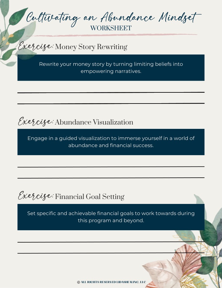Exercises page: money story rewriting, abundance visualisation, financial goal setting
