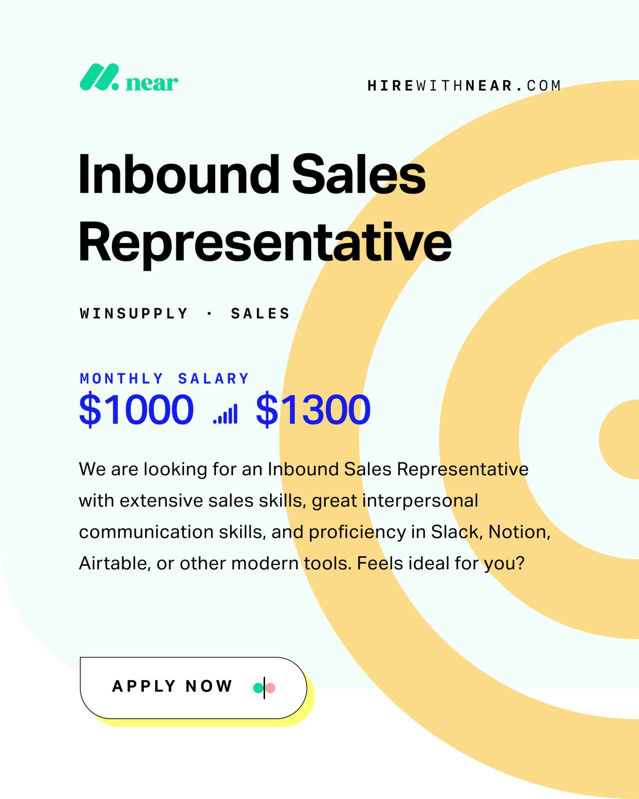 Near job post for an Inbound Sales Representative at Winsupply with a monthly salary range of $1000 to $1300