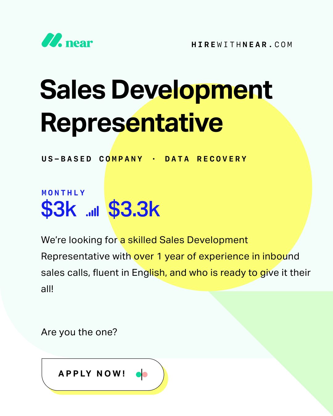 Near job post for a Sales Development Representative at a US data recovery company with a monthly range of $3k to $3.3k
