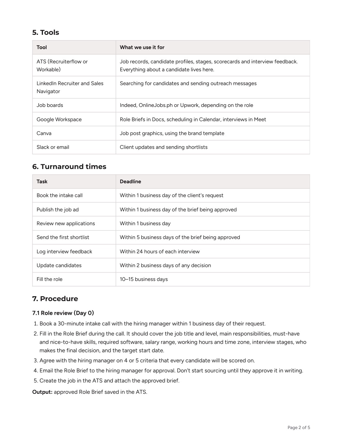 SOP page 2: roles, tools, service levels and role review