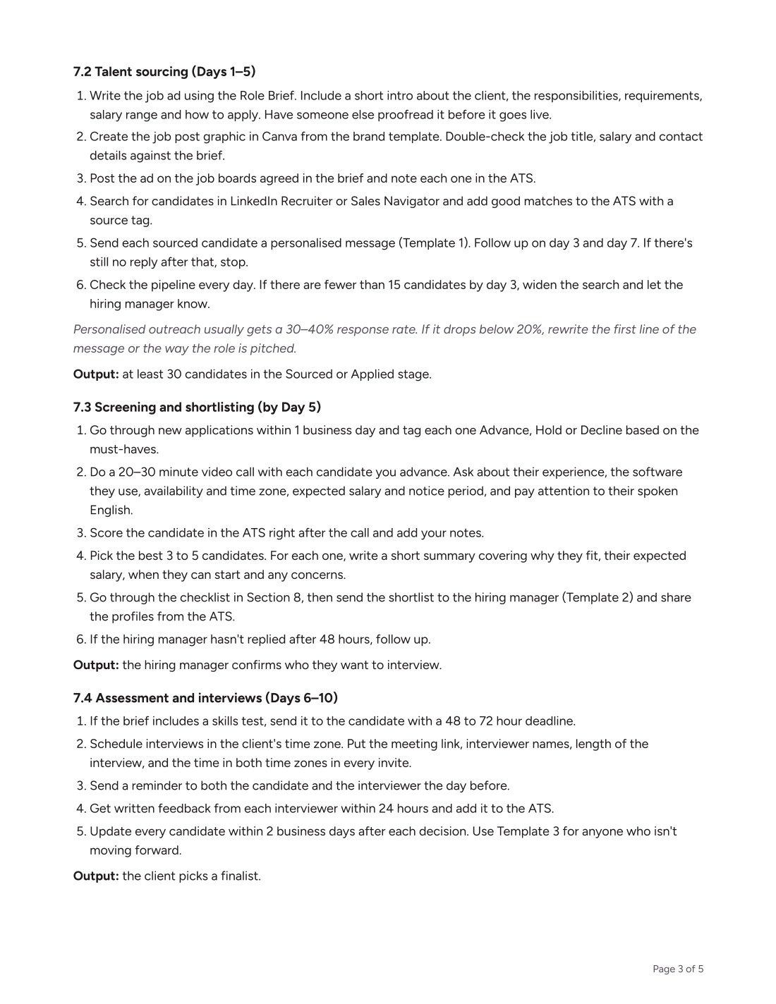 SOP page 3: talent sourcing, screening and interviews