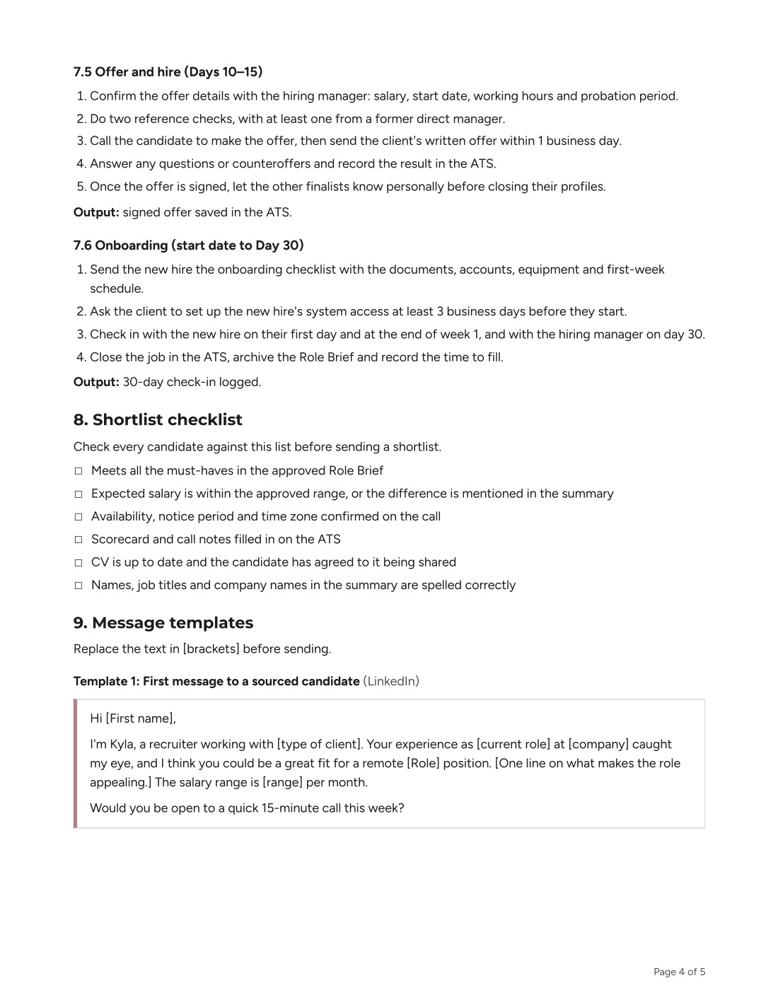 SOP page 4: offer, onboarding, quality checklist and outreach template
