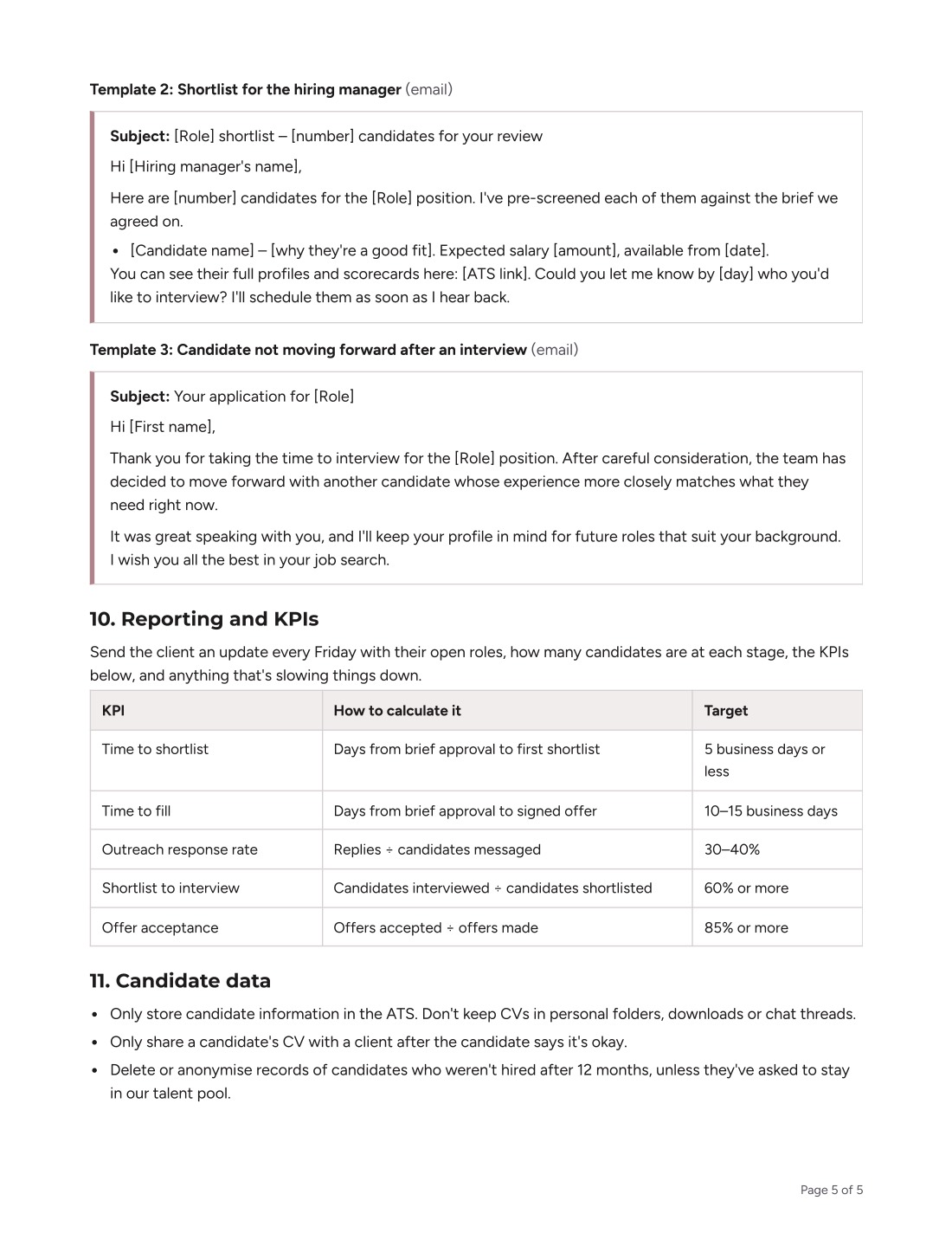 SOP page 5: message templates, KPIs and data privacy