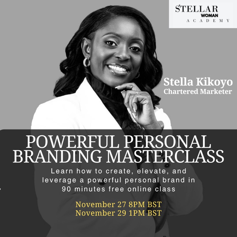 Black and white portrait of Stella Kikoyo with the headline Powerful Personal Branding Masterclass and session dates in gold